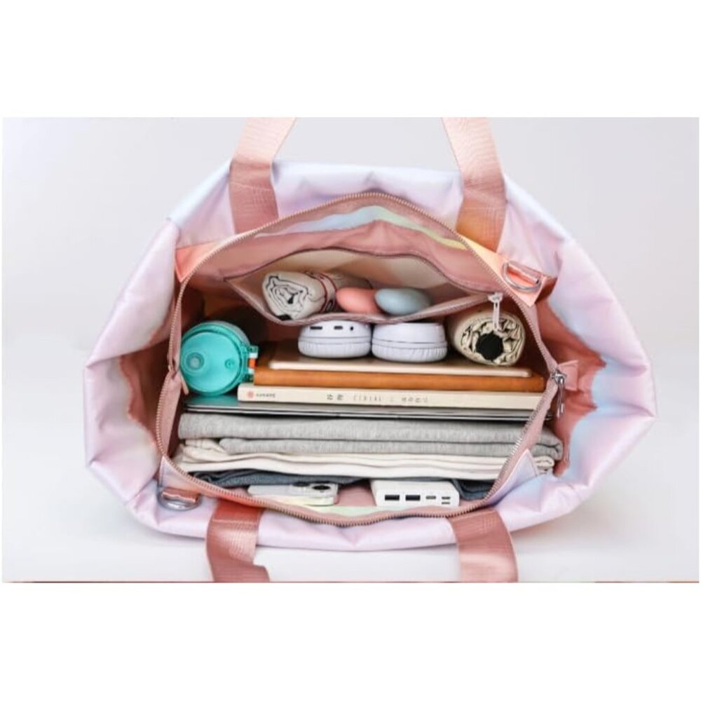 Rainbow Pastel Waterproof Beach Tote Bag for Women - Lightweight Quilted Shoulde - Picture 4 of 8